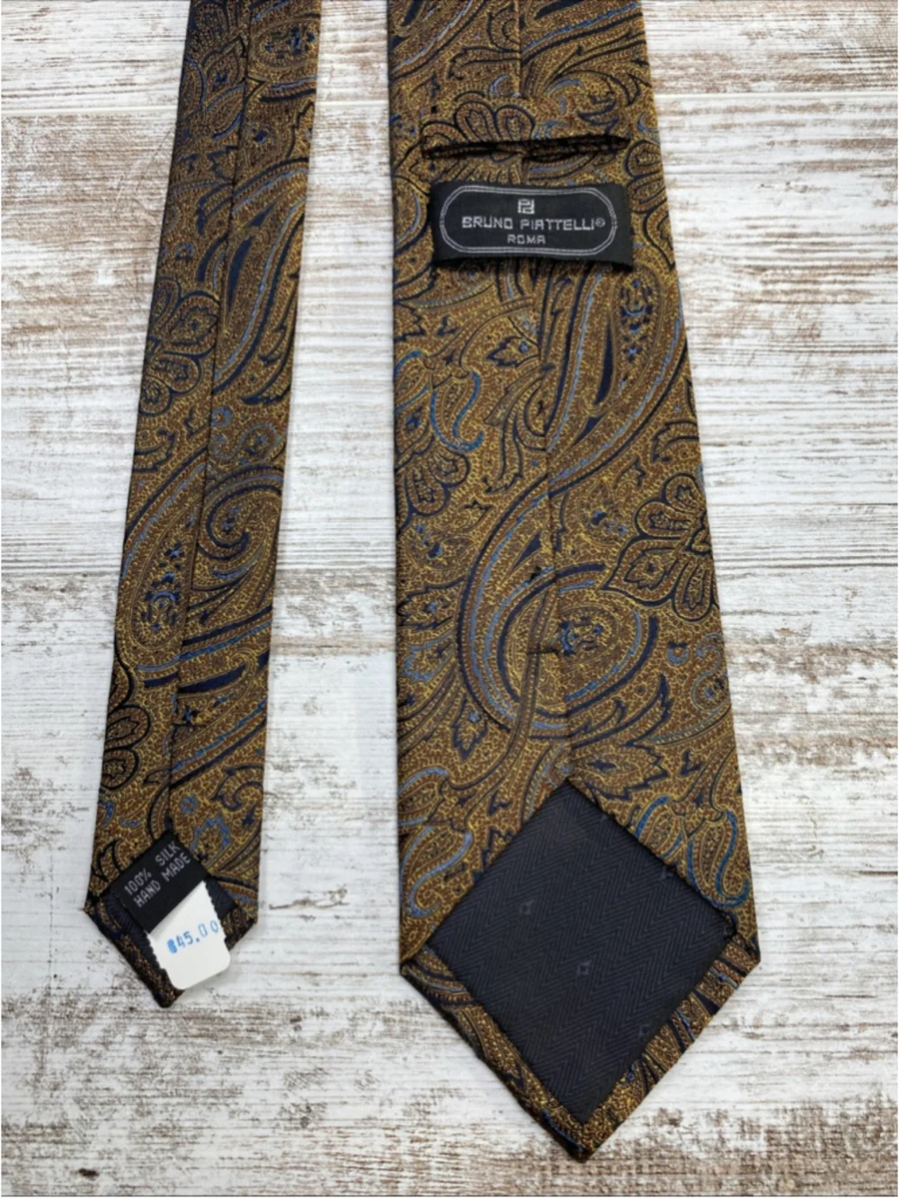 Bruno Piatelli Roma Silk Tie Gold Navy Paisley 100% Hand Made 58x3.25” Classic